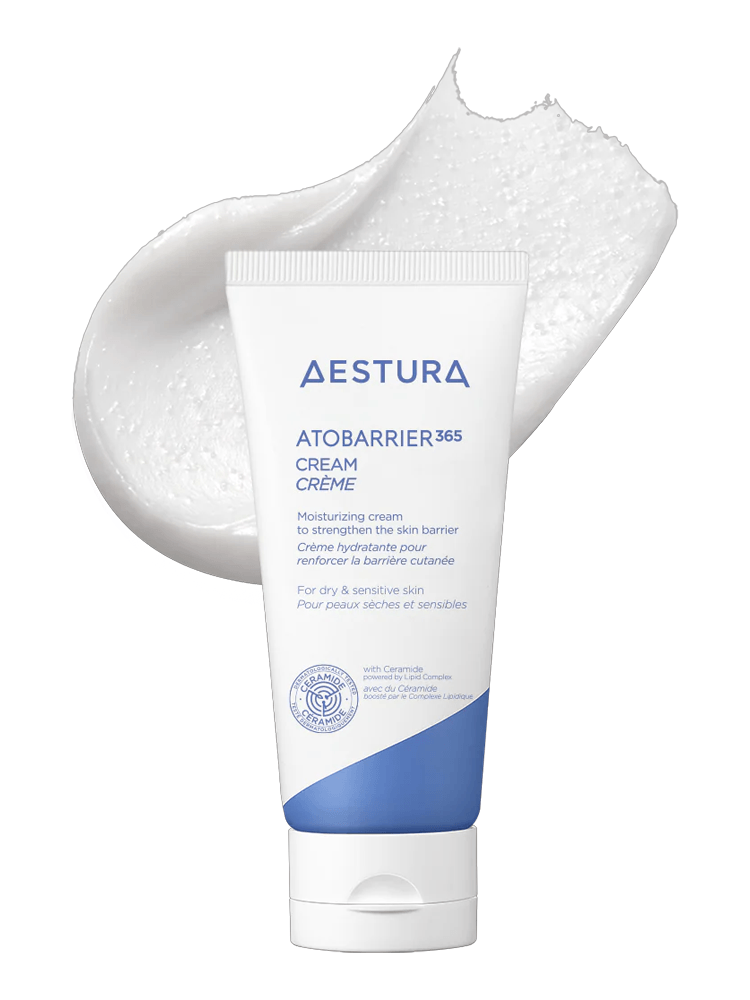 AESTURA Atobarrier 365 Cream 80ml in a tube with a creamy texture beside it