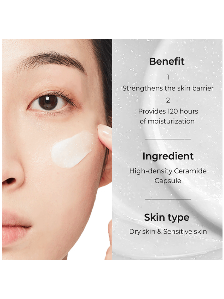 AESTURA Atobarrier 365 Cream 80ml benefits, ingredients, and suitable skin types displayed on model's face.