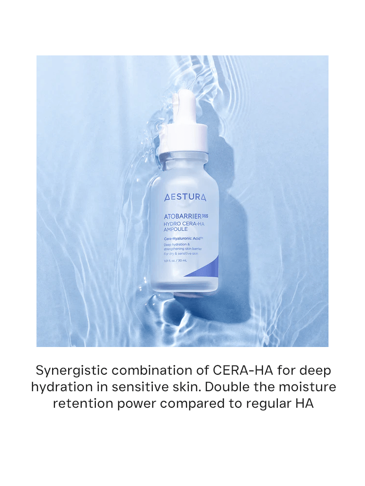 AESTURA Atobarrier 365 Hydro Cera-Ha Ampoule 200ml bottle on a sunny blue water background.