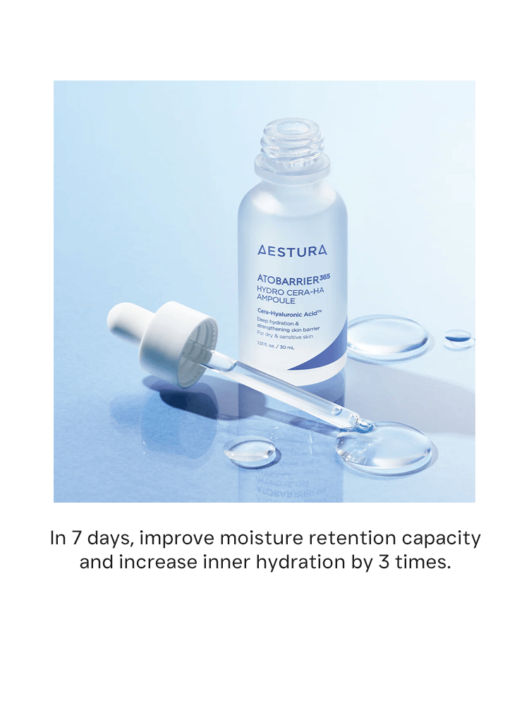 AESTURA Atobarrier 365 Hydro Cera-Ha Ampoule 200ml with dropper against blue background.