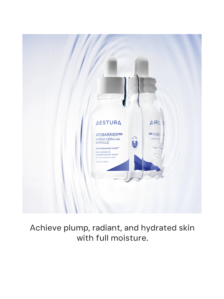 AESTURA Atobarrier 365 Hydro Cera-Ha Ampoule 200ml in a water background, promoting hydration and skin radiance.
