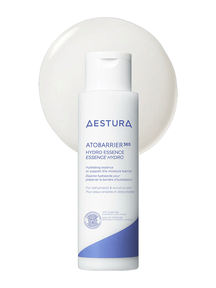 AESTURA Atobarrier 365 Hydro Essence 200ml bottle with smooth essence on background for hydrated, sensitive skin.