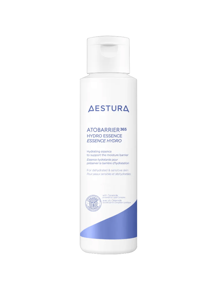 AESTURA Atobarrier 365 Hydro Essence 200ml in a white bottle with blue accents for hydrating sensitive skin.