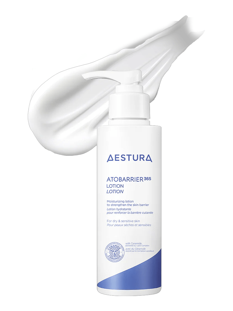 AESTURA Atobarrier 365 Lotion 150ml bottle with creamy lotion texture, suitable for dry and sensitive skin.