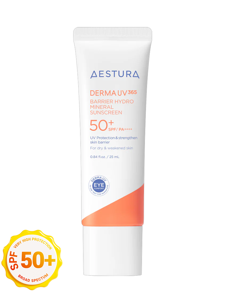 AESTURA Derma UV 365 Barrier Hydro Mineral Suncreen 40ml SPF50+ PA++++ tube for dry and sensitive skin protection.