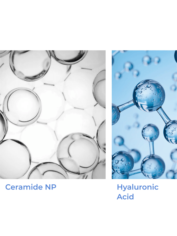 Ceramide NP and Hyaluronic Acid molecules in a skincare visual representation.
