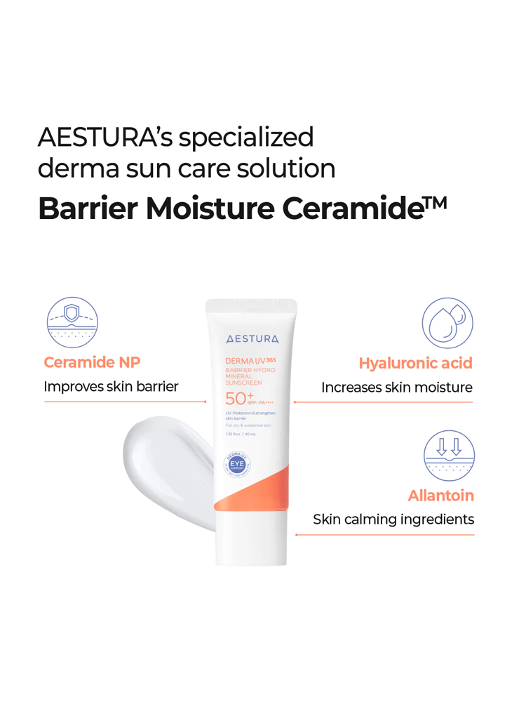 AESTURA Derma UV 365 Barrier Hydro Mineral Suncreen 40ml SPF50+ PA++++ benefits and ingredients shown.