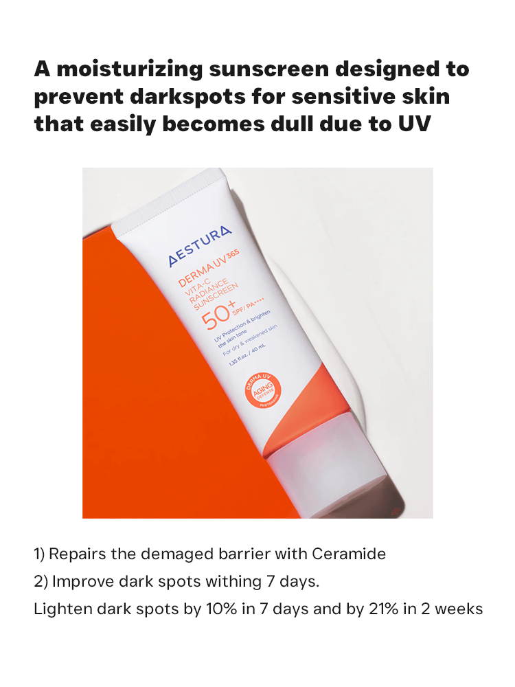AESTURA Derma UV 365 Vita-C Radiance Sunscreen 40ml SPF50+ PA++++ in packaging designed for sensitive skin.