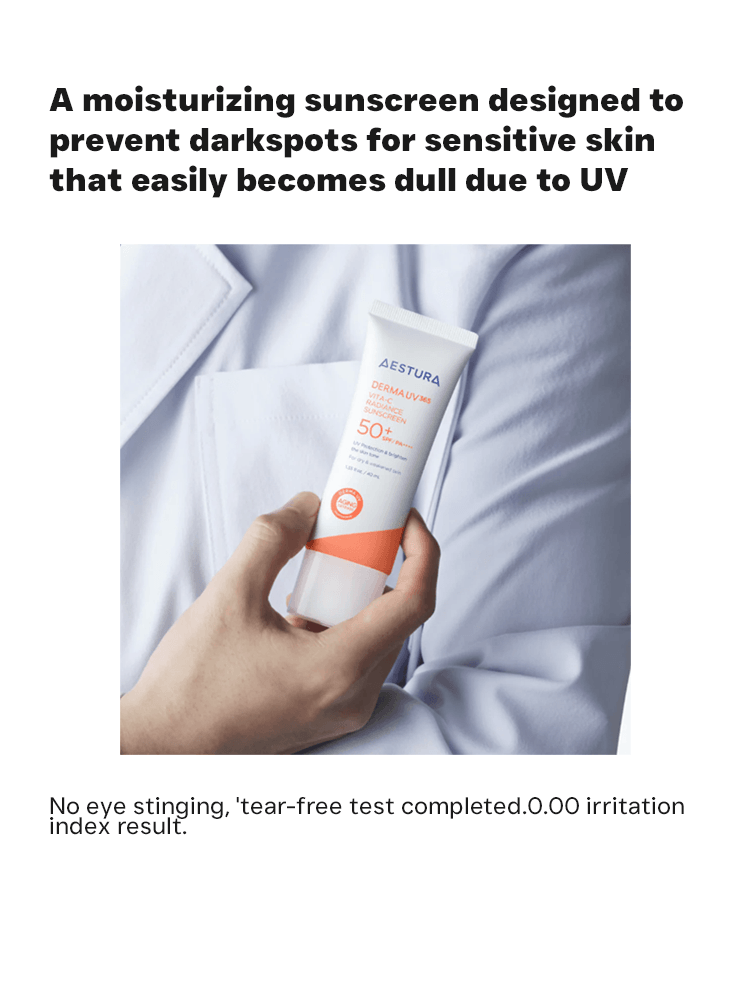 AESTURA Derma UV 365 Vita-C Radiance Sunscreen 40ml SPF50+ PA++++ in a hand with a white coat.