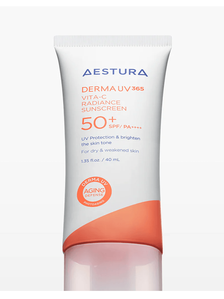 AESTURA Derma UV 365 Vita-C Radiance Sunscreen 40ml SPF50+ PA++++ tube with brightening formula.
