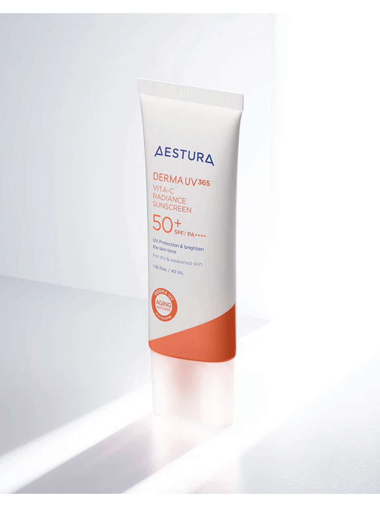 AESTURA Derma UV 365 Vita-C Radiance Sunscreen 40ml SPF50+ PA++++ in a sleek tube for UV protection and radiance.
