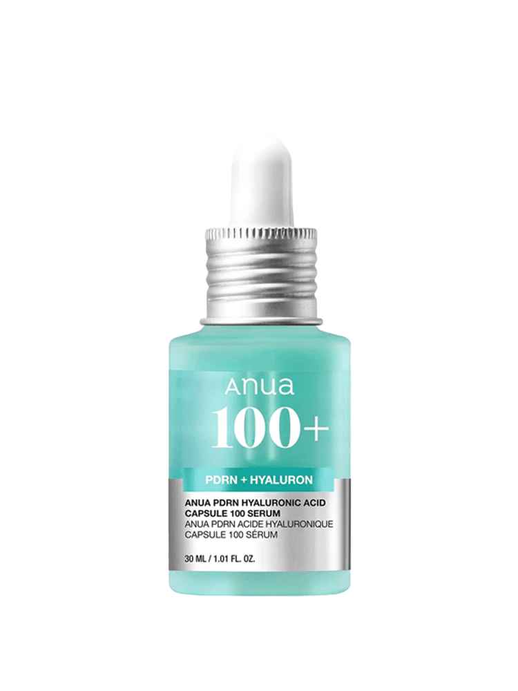 ANUA PDRN Hyaluronic Acid Capsule 100 Serum 30ml in a glass dropper bottle with a turquoise liquid.