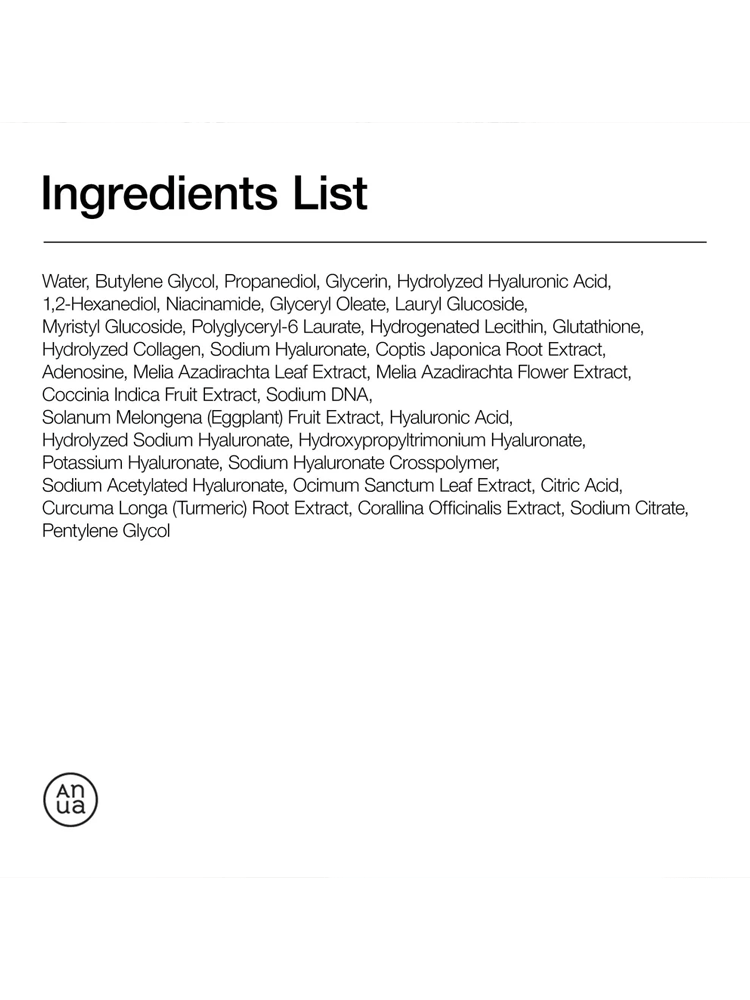 Ingredients list for ANUA PDRN Hyaluronic Acid Capsule 100 Serum 30ml showing key components for hydration and skin care.