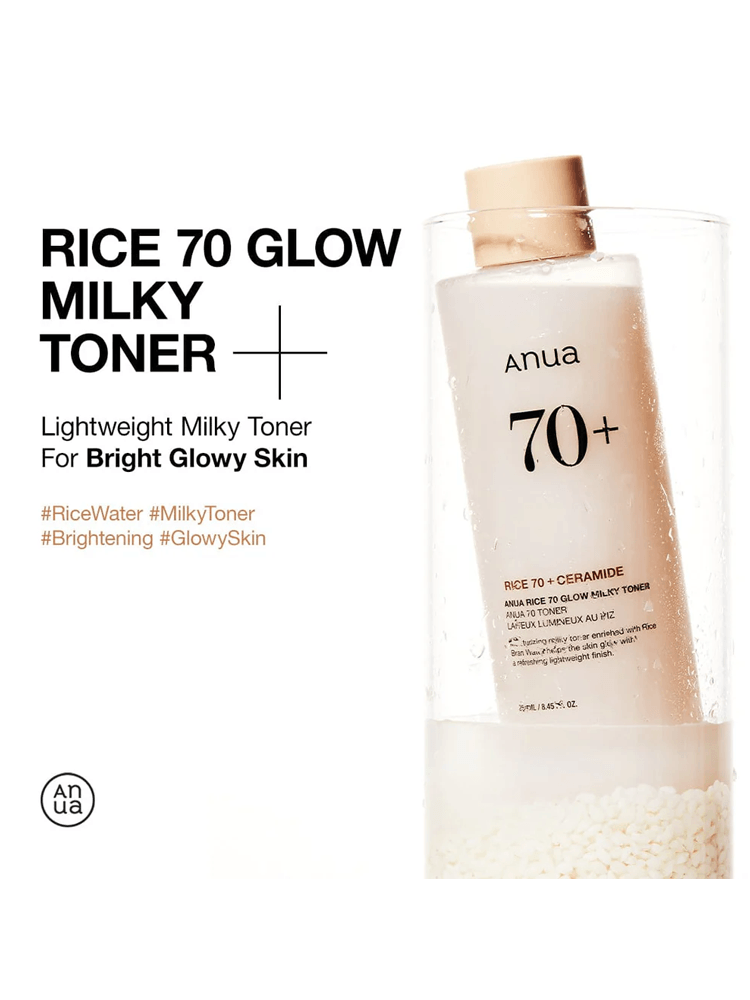 ANUA Rice 70+Glow Milky Toner 150ml in a glass container with rice texture, promoting bright glowy skin.