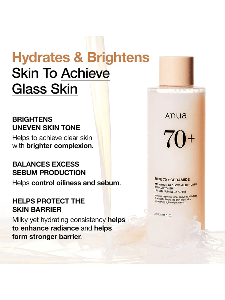 ANUA Rice 70+Glow Milky Toner 150ml with benefits for brightening skin and controlling oiliness