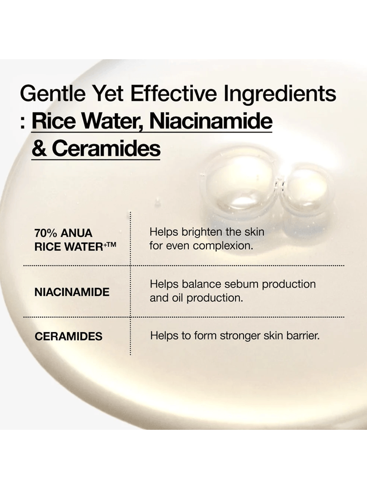 ANUA Rice 70+Glow Milky Toner 150ml ingredients: Rice Water, Niacinamide, Ceramides for glowing skin.