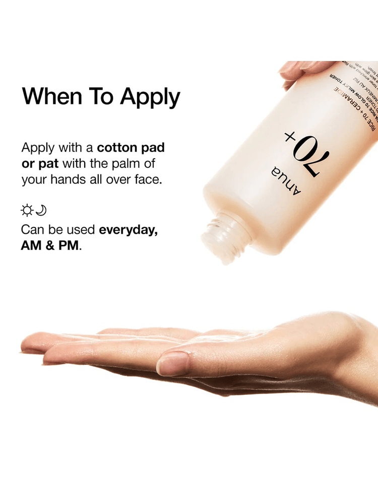 ANUA Rice 70+Glow Milky Toner 150ml application instructions with a cotton pad.
