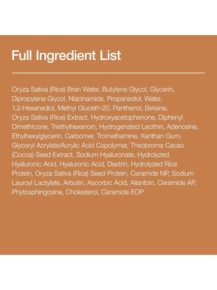 Full ingredient list for ANUA Rice 70+Glow Milky Toner 150ml showcasing key components.