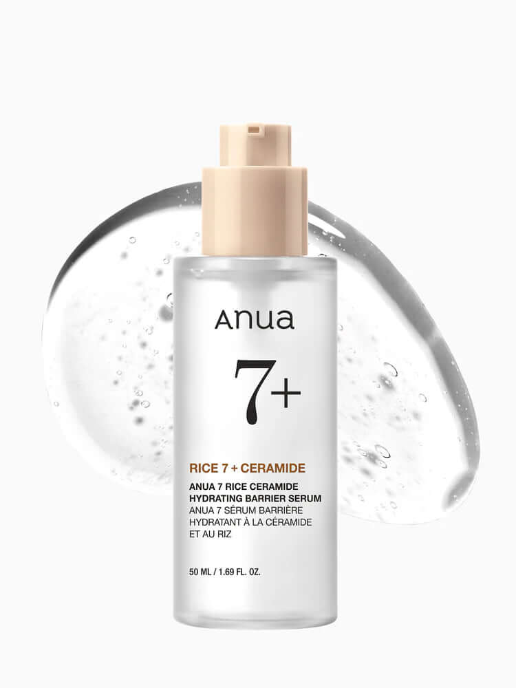 ANUA 7 Rice Ceramide Hydrating Barrier Serum 50ml bottle with a water drop background