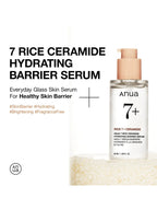 ANUA 7 Rice Ceramide Hydrating Barrier Serum 50ml for healthy skin barrier and hydration on a smooth background.