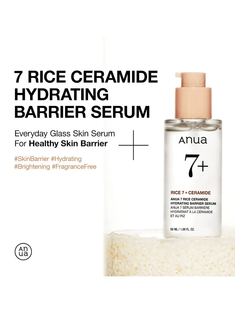 ANUA 7 Rice Ceramide Hydrating Barrier Serum 50ml for healthy skin barrier and hydration on a smooth background.