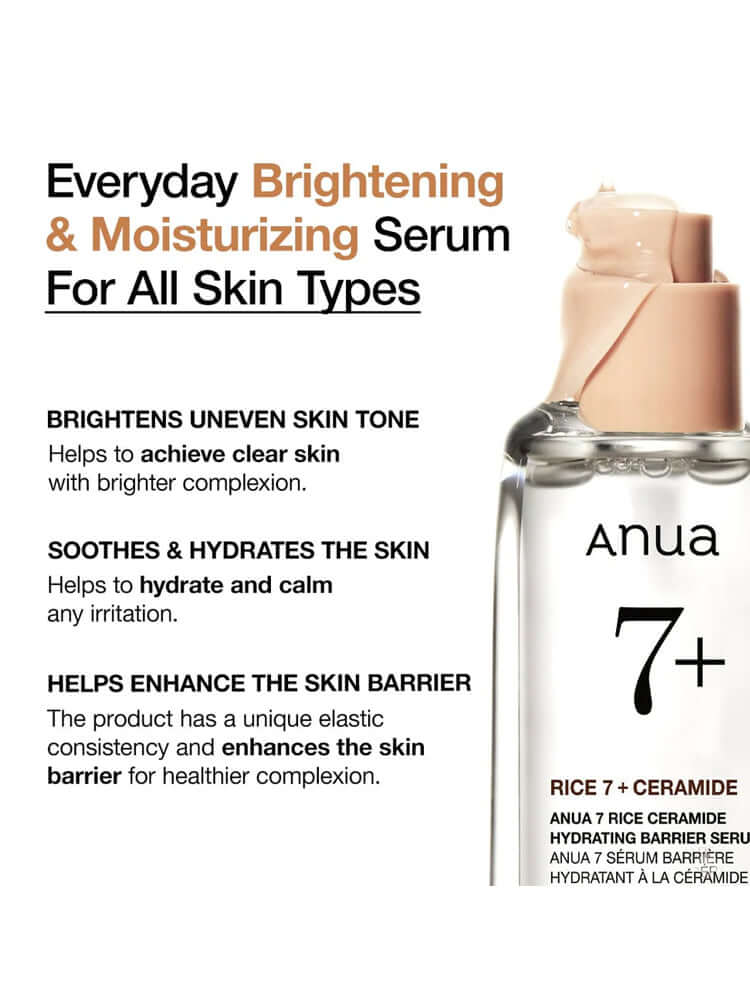 ANUA 7 Rice Ceramide Hydrating Barrier Serum 50ml product description highlighting skin benefits and moisturizing properties.