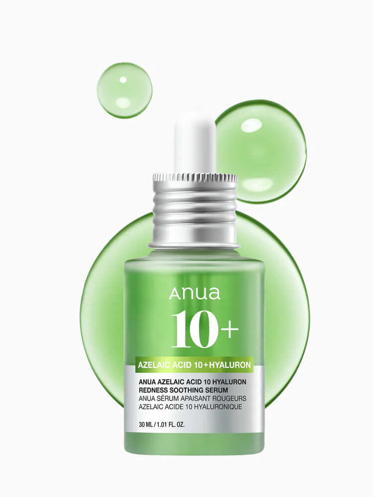 ANUA Azelaic Acid 10 Hyaluron Redness Soothing Serum 30ml with dropper in green packaging and hydrating droplets