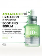 ANUA Azelaic Acid 10 Hyaluron Redness Soothing Serum 30ml bottle on a light background with hydrating properties highlighted.