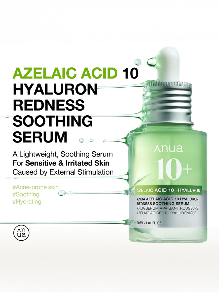 ANUA Azelaic Acid 10 Hyaluron Redness Soothing Serum 30ml bottle on a light background with hydrating properties highlighted.