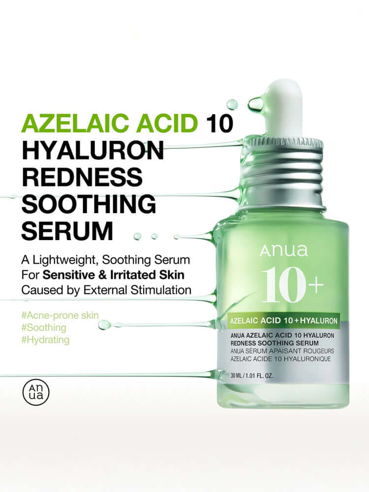 ANUA Azelaic Acid 10 Hyaluron Redness Soothing Serum 30ml bottle on a light background with hydrating properties highlighted.