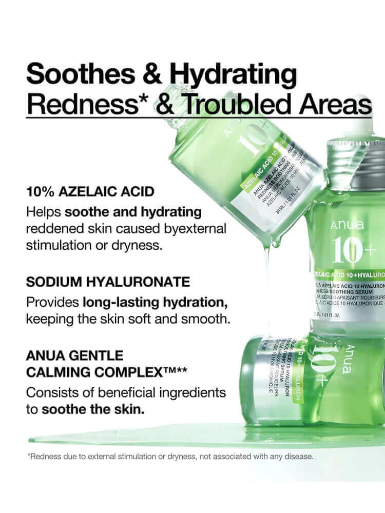 ANUA Azelaic Acid 10 Hyaluron Redness Soothing Serum 30ml product image showcasing soothing and hydrating benefits.