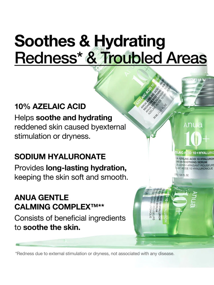 ANUA Azelaic Acid 10 Hyaluron Redness Soothing Serum 30ml product image showcasing soothing and hydrating benefits.