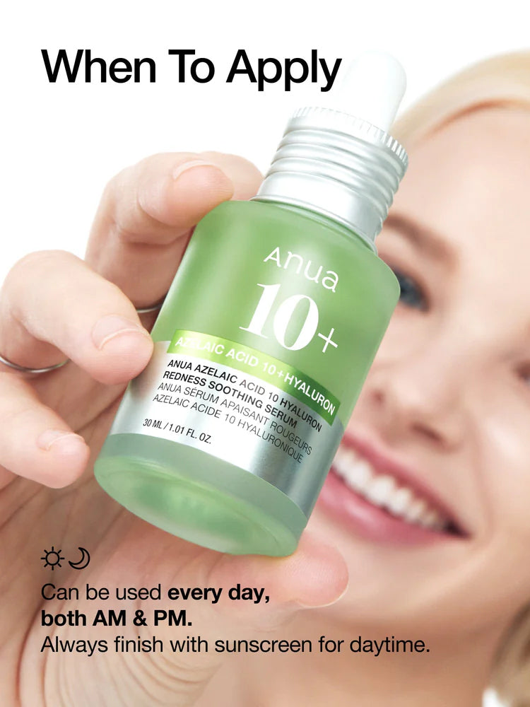ANUA Azelaic Acid 10 Hyaluron Redness Soothing Serum 30ml shown for daily use, both AM & PM, with application tips.