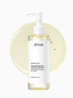 ANUA Hearleaf Pore Control Cleasing Oil 200ml in pump bottle with oil droplet background.