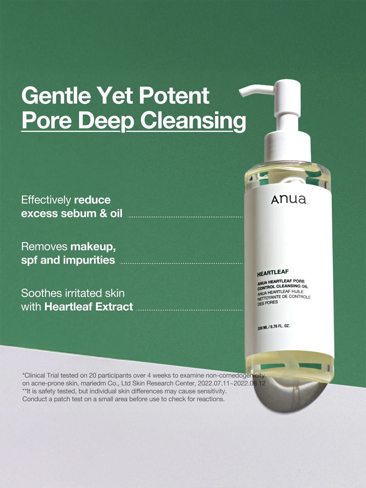 ANUA Hearleaf Pore Control Cleasing Oil 200ml bottle with pump for deep cleansing and oil removal.