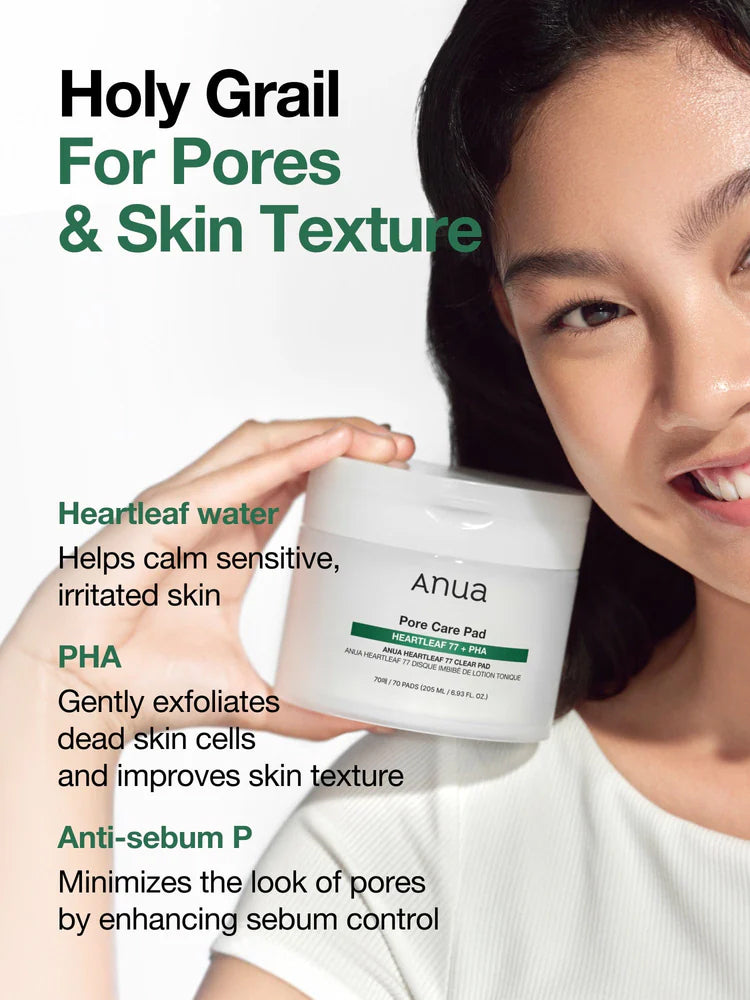 ANUA Heartleaf 77 Clearpad 160ml 70pad with heartleaf water, PHA, and anti-sebum for pore and skin texture care.