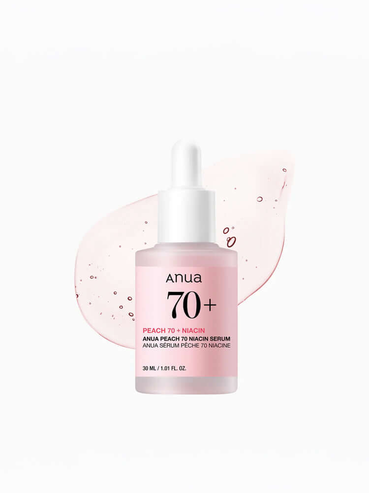 ANUA Peach 70 Niacin Serum 30ml in a dropper bottle with a pink background, showcasing hydration benefits.