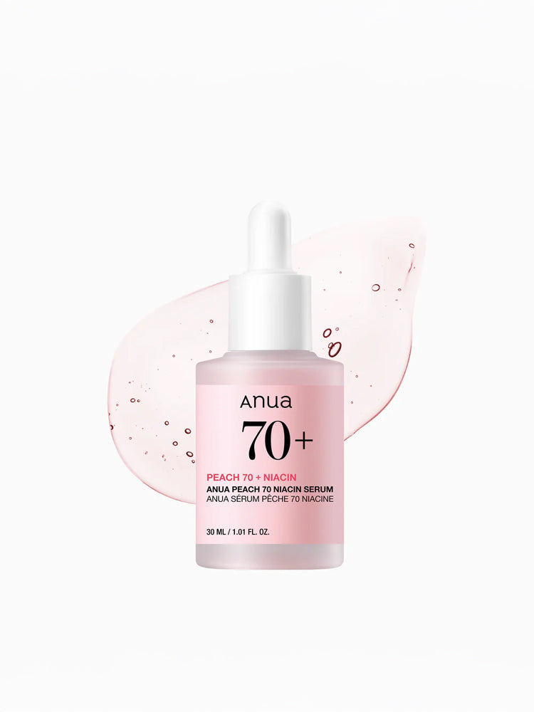 ANUA Peach 70 Niacin Serum 30ml in a dropper bottle with a pink background, showcasing hydration benefits.