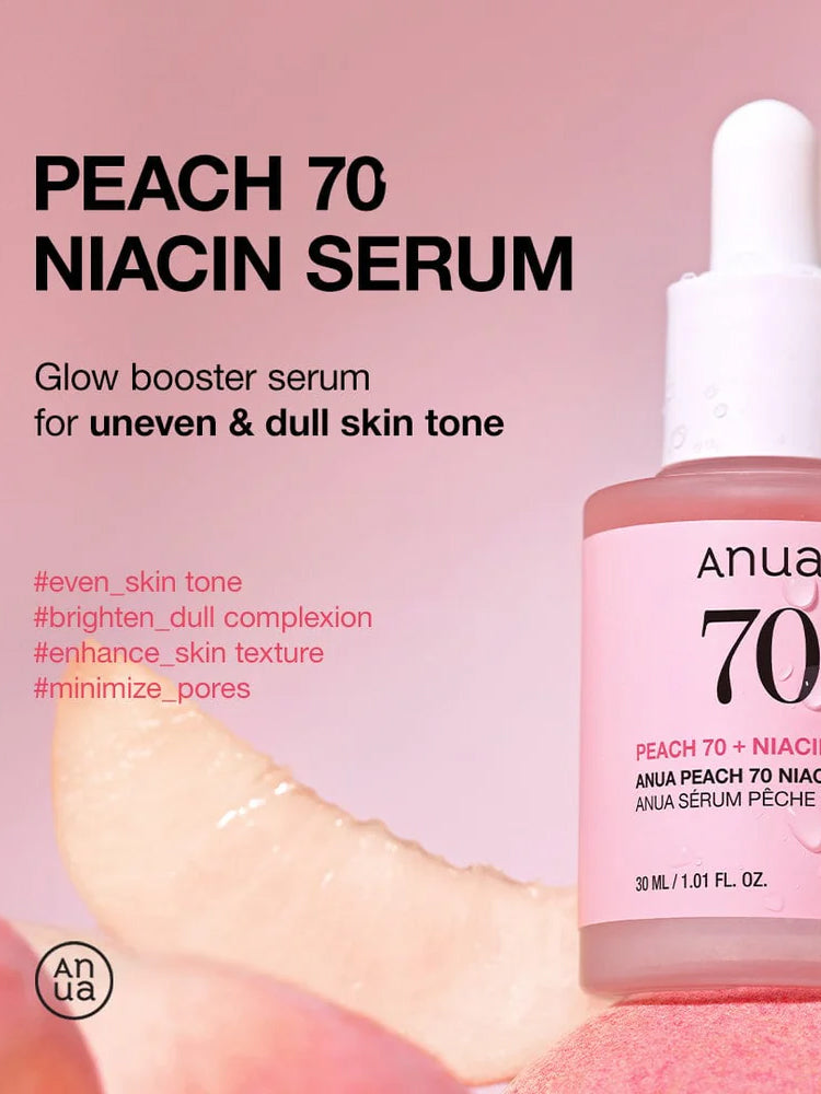 ANUA Peach 70 Niacin Serum 30ml product image showcasing glow booster serum for uneven and dull skin tone