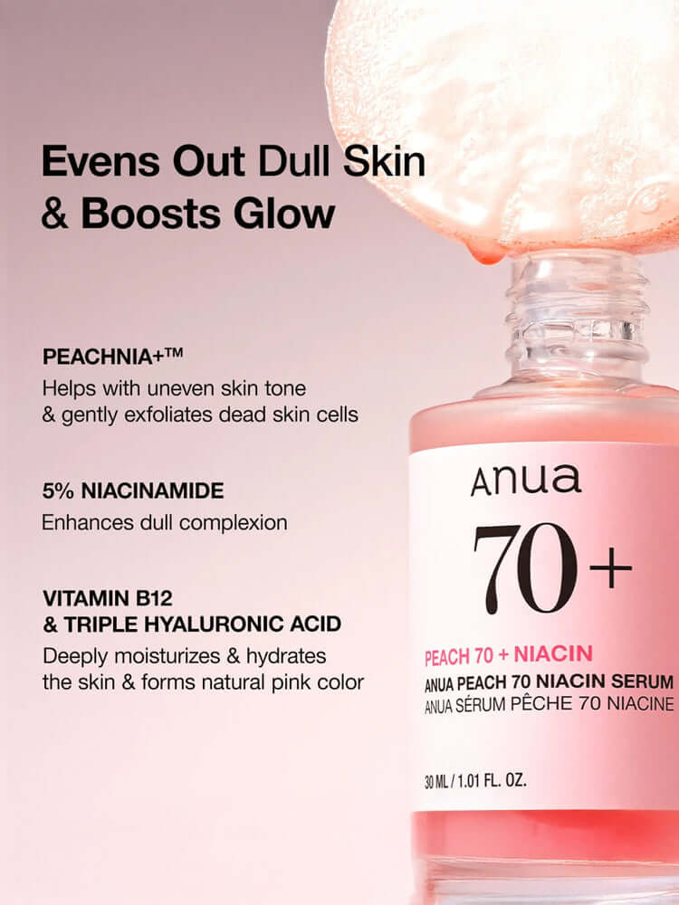 ANUA Peach 70 Niacin Serum 30ml showcasing skin benefits and hydration properties.