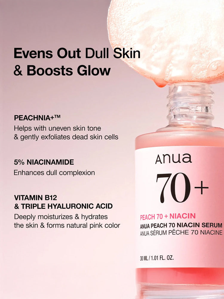 ANUA Peach 70 Niacin Serum 30ml showcasing skin benefits and hydration properties.