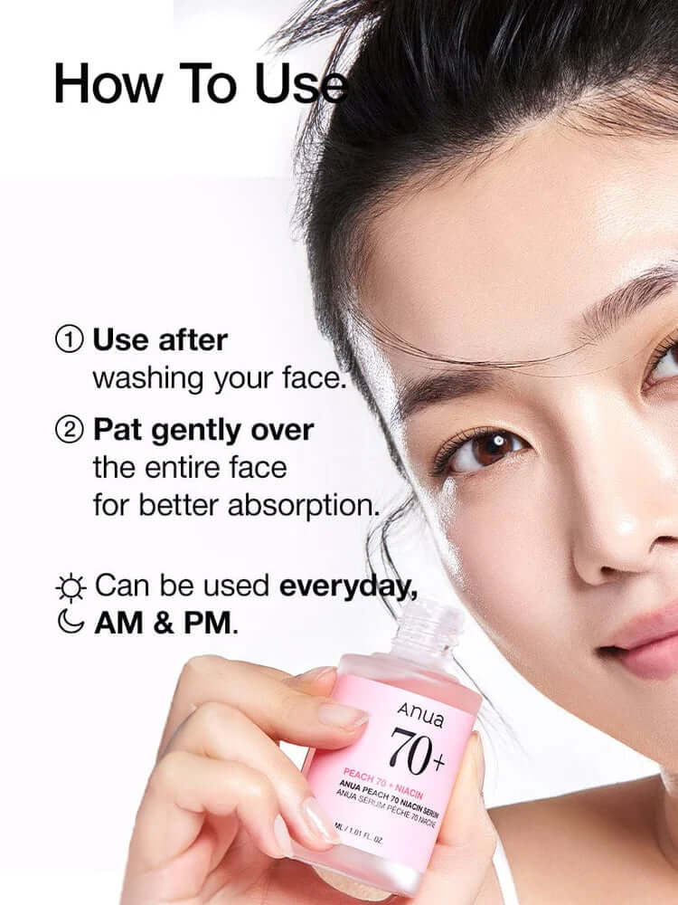 ANUA Peach 70 Niacin Serum 30ml usage instructions for better skin absorption.