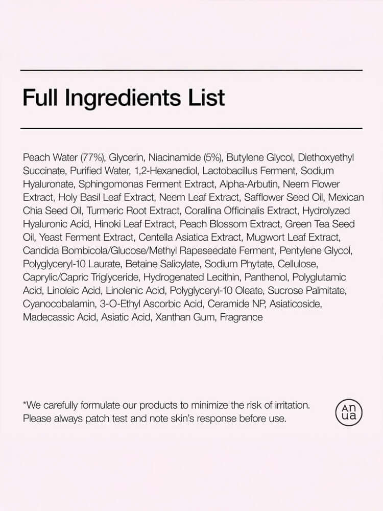 Full ingredients list for ANUA Peach 70 Niacin Serum 30ml including Peach Water, Niacinamide, and various plant extracts.