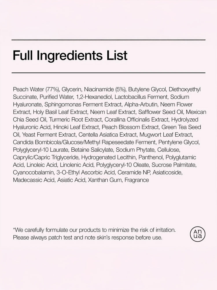 Full ingredients list for ANUA Peach 70 Niacin Serum 30ml including Peach Water, Niacinamide, and various plant extracts.