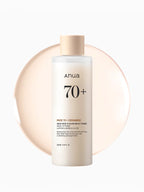 ANUA Rice 70+Glow Milky Toner 250ml in a minimalist bottle design with a soft background.