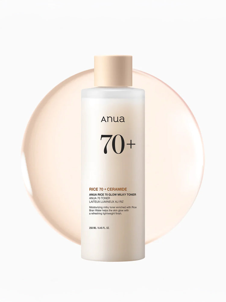ANUA Rice 70+Glow Milky Toner 250ml in a minimalist bottle design with a soft background.