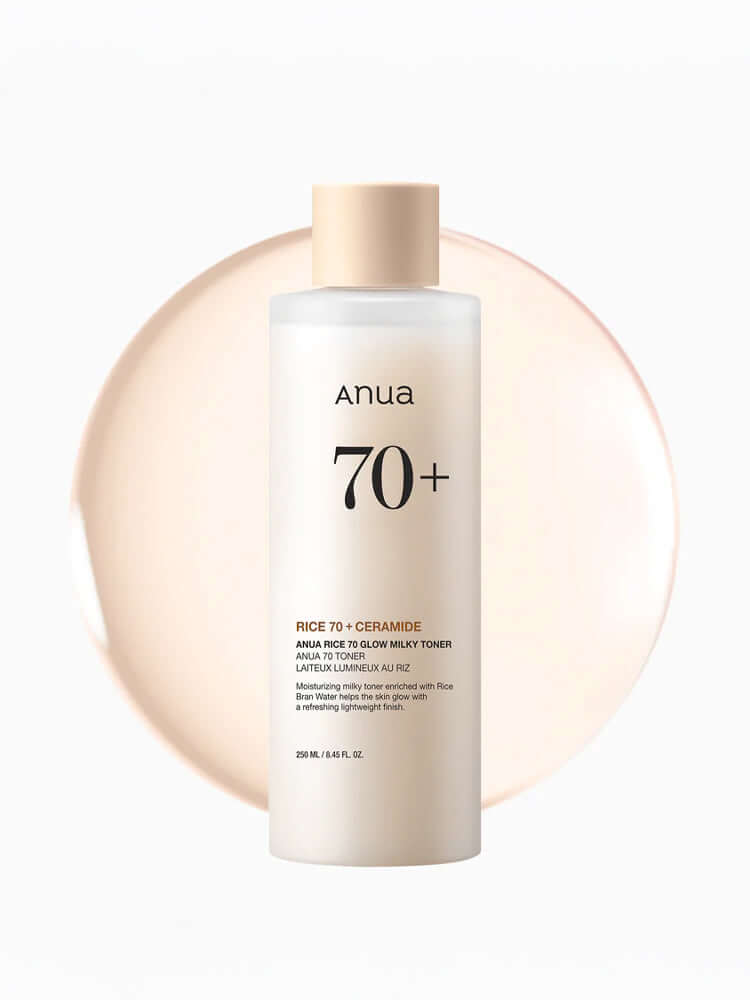 ANUA Rice 70+Glow Milky Toner 250ml in a minimalist bottle design with a soft background.