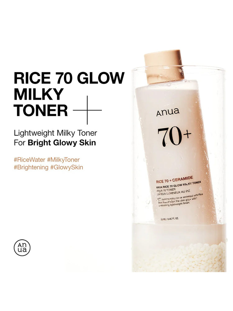 ANUA Rice 70+Glow Milky Toner 250ml Lightweight toner for bright, glowy skin with rice water and ceramide.