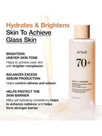 ANUA Rice 70+Glow Milky Toner 250ml bottle displayed with text highlighting hydration and brightening benefits.