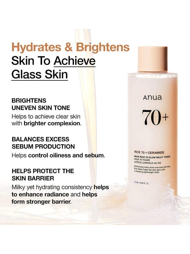 ANUA Rice 70+Glow Milky Toner 250ml bottle displayed with text highlighting hydration and brightening benefits.